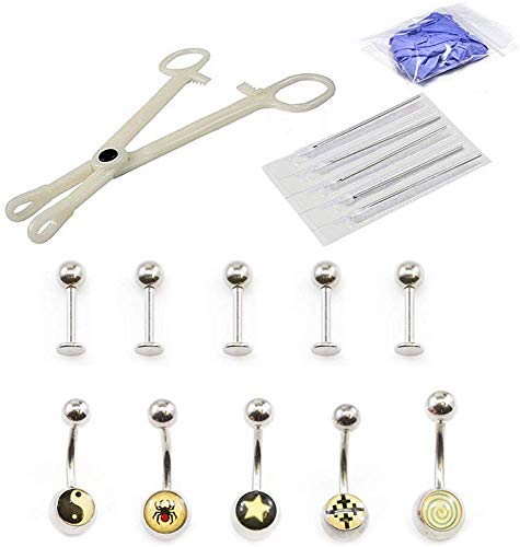 Piercing Kit 17pcs Belly Ring, Labret, Disposable forceps, Needles and Gloves 14g