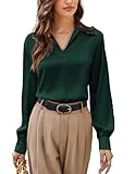 Business Casual Tops for Women Satin Silk Blouse Collared V Neck Long Sleeve Work Shirts Dressy Tops Dark Green XL