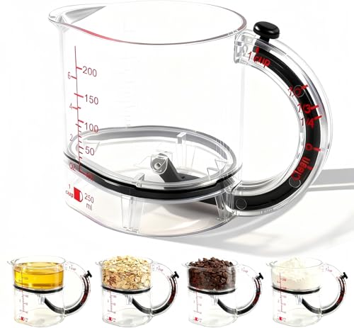 4 in 1 Adjustable Measuring Cup, Multi-Functional Up Cup Measuring Cup, with Adjustable Base & Scraper-Style Seal Base, Space-Saving Easy to Clean for Cooking and Baking & Ingredients