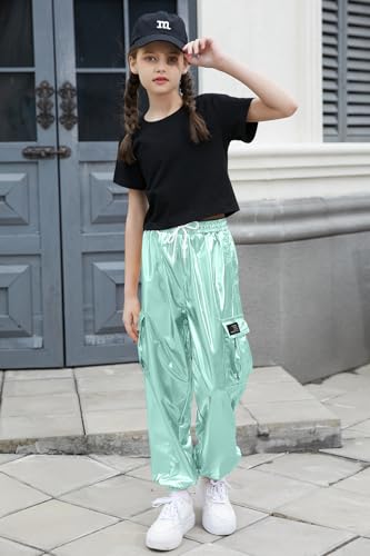 Image of Betusline Girls Clothes 2 Piece Set, Black Cute Short Sleeve Crop Tops + Tender Green Metal Cargo Jogger Pants Clothes，7-8 Years = Tag 140