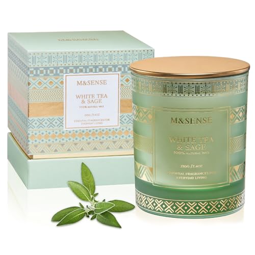 M&SENSE Candele profumate di soia Tè bianco e salvia, candele di primavera naturali non tossiche 210g 45 ore di combustione a lunga durata, regali di candele decorazione accogliente della stanza