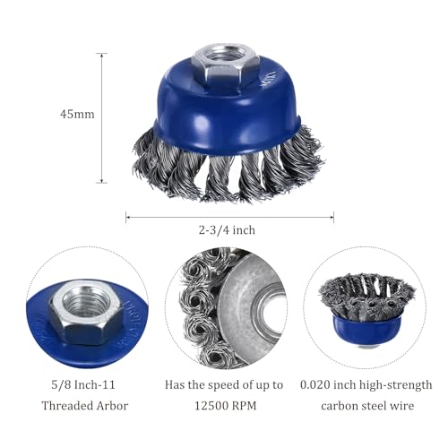 Image of 2 Pcs Twisted Knotted Wire Cup Brush for Angle Grinder - [2-3 /4 Inch] for Paint Stripping Cleaning Rust Duty Abrasive, M14x2.0 Threaded Arbor, .020 Carbon Steel Wire, Blue