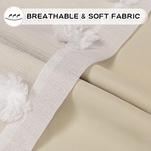 Image of MYSKY HOME Beige Curtains for Bedroom 63 Inch Long Double Layer Curtains for Kids Room Kithen Beige Pom Pom Sheer Nursery Curtains Grommet Room Darkening Window Curtains 2 Panels Set, 52 x 63 Inch