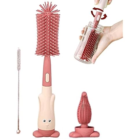 Yemyap Silicone Bottle Brush Cleaner, Soft Silicone Baby Bottle Brush, Baby Bottle Brushes With Stand, For Washing Narrow Neck Containers, Pink Cover