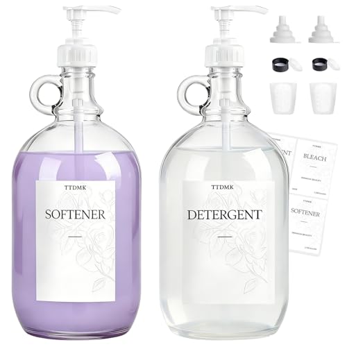 TTDMK 2 Pcs Glass Laundry Detergent Dispenser, Half Gallon Liquid Laundry Soap Dispenser with Pump, Transparent, 64 oz. Each