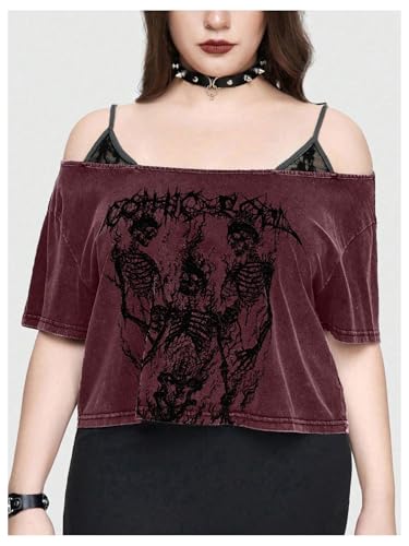 SOLY HUX Women's Plus Size Goth Cold Shoulder T-Shirts Graphic Tees Short Sleeve Loose Crop Tops3