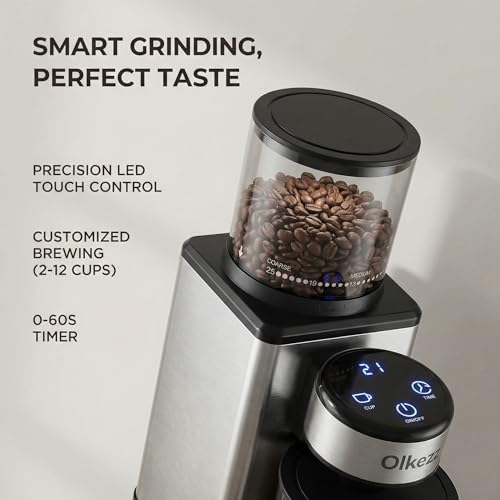 Olkezz®Electric Conical Burr Coffee Grinder for Home, 25 Grind Settings for Espresso, Filter & Moka, Low Noise, 2–12 Cup Capacity, Stainless Steel Burr, LED Display. - Image 2
