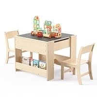 Puecrof 4-in-1 Kids Storage Desk & 2 Chairs Set – Birch Wooden Activity Table with Reversible Whiteboard & Blackboard, 3 Storage Spaces for Toddlers Drawing, Reading, and Crafting