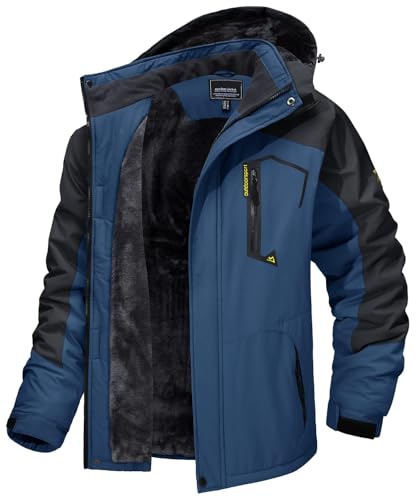 MAGCOMSEN Winter Herren Gefüttert Softshelljack Wasserdicht Atmungsaktiv Fleecejacke Herren Übergangsjacke Outdoor Skijacke Dick Snowboard Jacke mit Abnehmbarer Kapuze Denim Blue XL
