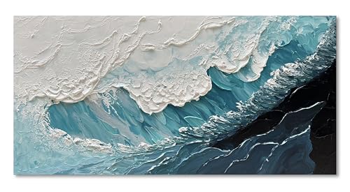 NANKAI Art 30x60 Inches Blue Thick Texture Abstract Oil Painting Hand-Painted Ocean Landscape Home Wall Art Deco