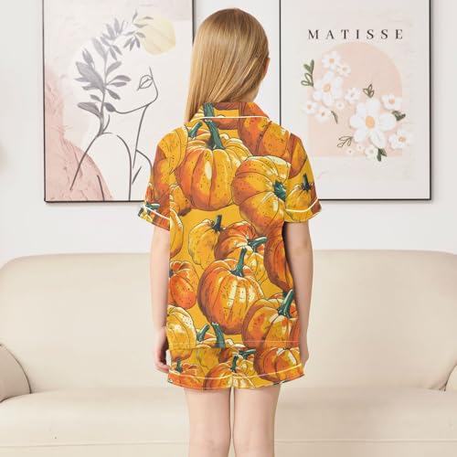 Satin Pajama Sets Short Sleeve Pumpkin Pattern Print in Orange Button Down Silky Nightwear 2 Piece PJS 5-14Y4