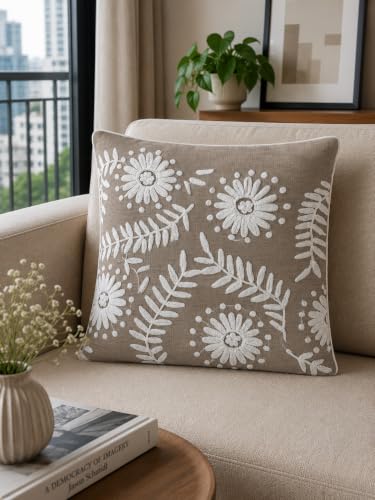 Image of Prista Embroidered Cushion Covers Set of 2 (16x16 Inch) | Floral Cushion Cover for Sofa | Decorative Throw Pillow Covers for Living Room | Hidden Zipper (Ivory Meadow)