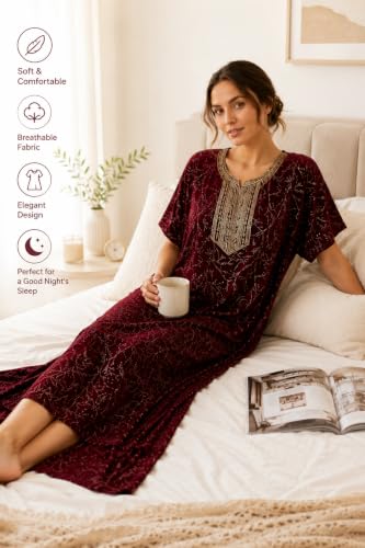 Image of Pure Cotton Hand Embroidery Nighty for Woman | Floral Gown for Women Nightwear Cotton Nighty for Women Stylish | Maxi for Women Cotton - Free Size Maroon