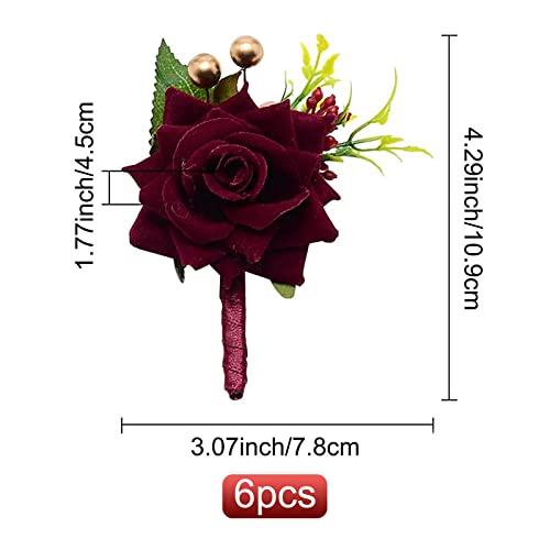 CRASPIRE 6PCS Wedding Boutonniere Wine Red Rose Corsage Buttonhole Flower Groom Groomsman Best Man Wedding Flowers Accessories for Groom Groomsmen Prom - Image 2