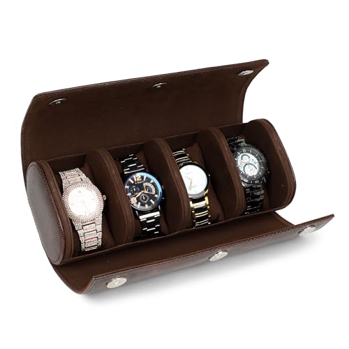Image of essart Travel Watch Roll Case 4 Slots - watch roll travel case Portable Luxury Watch Organizer & Storage Box for Men & Women with Brown colour