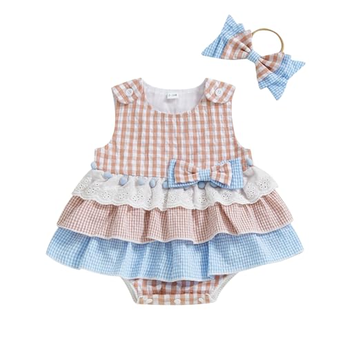 Newborn Infant Baby Girl Clothes Sleeveless Plaid Romper Dress Bow Layer Tutu Dresses Bow Headband Summer Bodysuit