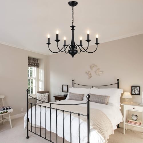 QAREHL Kronleuchter Vintage Deckenleuchte Schwarz, 6 Flammig Hängelampe Wohnzimmer mit E14 Fassung, Kronleuchter Schwarz für Schlafzimmer, Küche, Flur