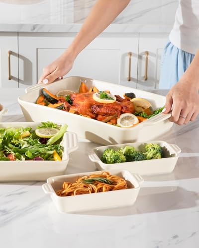 Sweejar Home Ceramic Bakeware Set of 4, Casserole Dishes for Oven, Rectangular Baking Dish with Handles, Lasagna Pans Deep for Cooking, Gratin, Roasting, Banquet and Daily Use(Beige) - Image 6