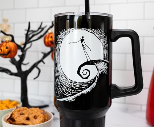 Image of Silver Buffalo Disney Nightmare Before Christmas by Tim Burton Jack Skellington Hill & Moon Drawing Double Walled Stainless Steel Tumbler with Handle and Straw, Fits in Standard Cup Holder, 40 Ounces