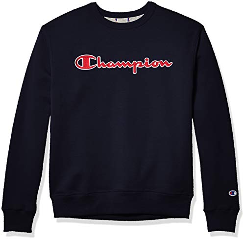 Champion mens Powerblend Applique Crew Sweatshirt, Navy - Champion Script Applique, Medium US