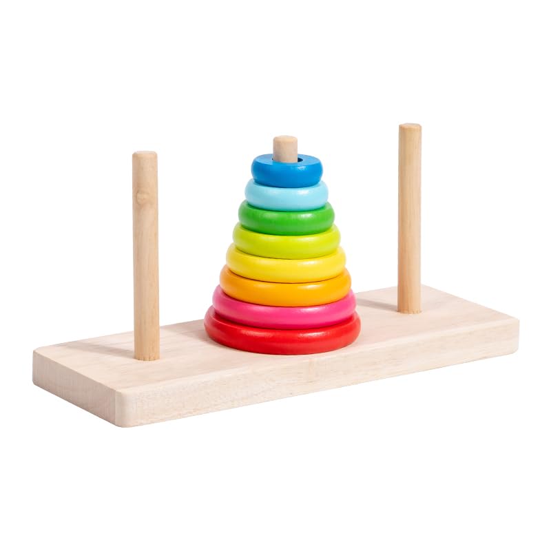 EduLand Montessori Practical Life/Sensorial/Math Wooden Towers of Hanoi (8 Rings) Rainbow Stacking Rings Blocks Logical Game STEM Brain Teasers Family Game Travel Toy Kids 3 4 5 6 7 Years Old Gift