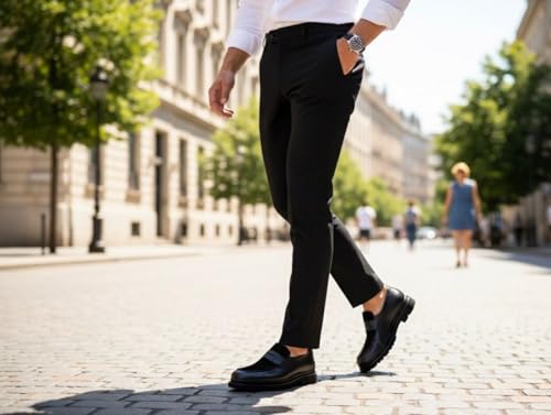 Image of Men's Leather Penny Loafers with Lug Sole - Slip-On Casual Dress Shoes, Full-Grain Leather & Suede Upper, Comfortable Rubber Sole