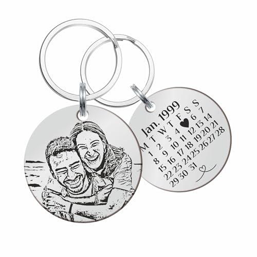 Image of Customized Photo Keychain & Date Engraved Calendar Keychain on Stainless Steel Best Gift For Couple, Bridesmaid, Women, Men And All To Your Loved Ones