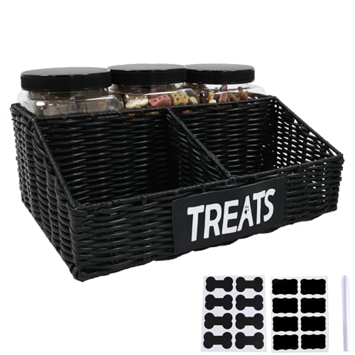 Brabtod Trapezoidal Dog Treat Container for Countertop,3-Compartments Dog Treat Organizer Caddy with 3pack Pet Dog Treat Jars Airtight,Great Gift for Pet Dog Owners-Black Poly Wicker Basket