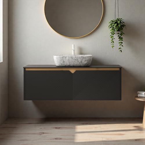 Image of Floating Bathroom Vanity with Sink, 48 inch Bathroom Storage Cabinet with Sintered Stone Countertop & Marble-Pattern Ceramic Basin, Modern Wall-Mounted Vanity with 2 Twill Pattern Doors, Black