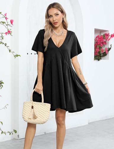 Image of Watashi Women's Summer Short Sleeve Mini Dress V-Neck Casual Loose Pleated Dress Doll Neck Short Dress with Pockets(Black-M), Medium