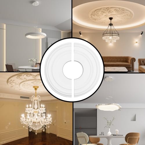 Image of PU Ceiling Medallions 2Pcs, 12.28 Inches x 3.94 Inches, White | Split Type, Paintable, Fits 3.94 Inches Canopy, European Vintage Carving Style, Made of Synthetic Foam