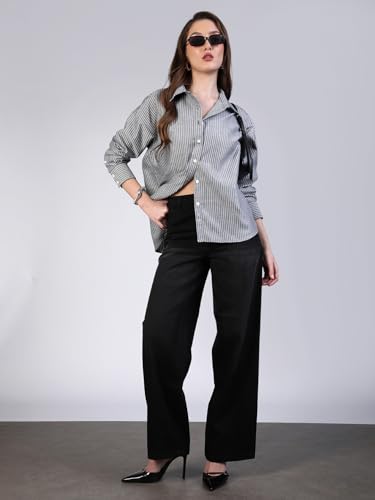 Image of Urbano Fashion Women's Cotton Full Sleeve Oversized Fit Casual Striped Shirt with Spread Collar