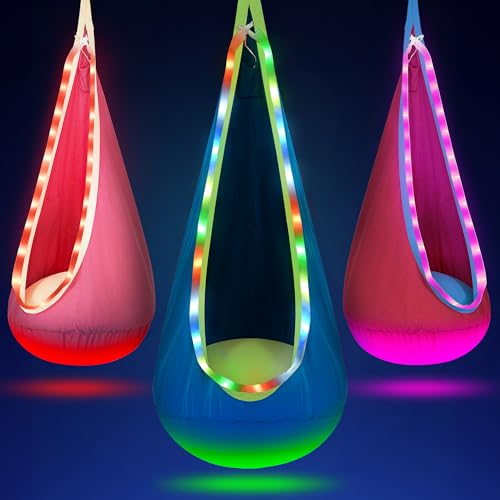 OUTREE Light Up Pod Swing Seat Sensory Swing with LED Light Cotton Kids Chair for Indoor and Outdoor Hammock Chair Easy to Install Blue