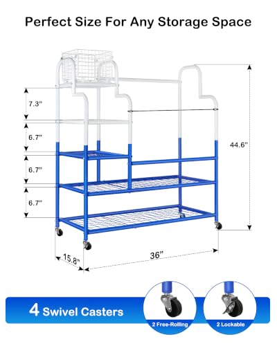 Image of Golf Bag Storage Garage Organizer for 2 Bags, Golf Storage Rack with Wheels | 50% More Space Multi-Zone,All-In-One 5tier Compact,Extra Bottom Storage,4 360 Casters,Movable Basket,Small Garage,Heavy-Duty