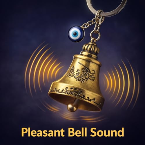 Image of Guardian Bell for Bike Riders, Guardian Bell Keychain with Evil Eye Charm, Metal Lucky Travel Amulet for Car Keys, Meaningful Gift for Men and Women (Antique Gold)