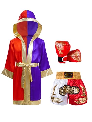 Kaerm Kids Boys Halloween Boxing Cosplay 3 Pcs Boxing Outfit Hooded Robe and Shorts Boxer Gloves and Shiny Belt