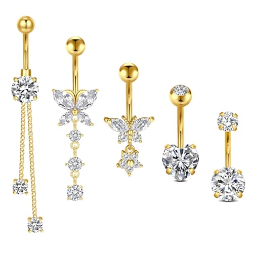 Incaton 14G Belly Button Rings Stainless Steel Dangling Butterfly Heart Diamond Belly Rings Dangle Navel Piercing Jewelry For Women