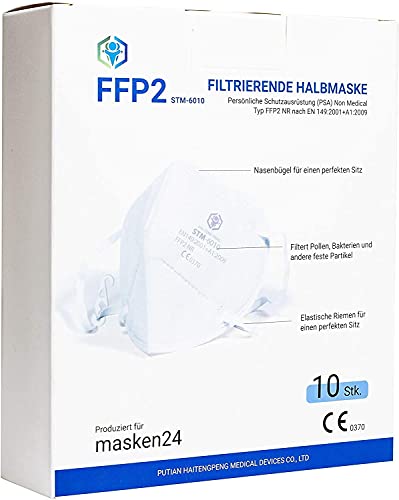 MASKEN24 STM 6010 Zertifizierte FFP2 Maske Faltbar - 10 Stück einzelverpackt im PE-Beutel - 4-lagige Mundmaske Cover