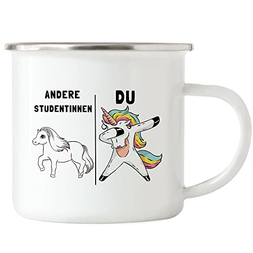 Hey!Print Taza esmaltada con texto en alemán 'Otros estudiantes' con unicornio, humor, divertida, regalo de farmacia