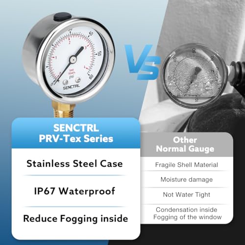 senctrl 0-60 psi pressure gauge 234 dial 14 npt lower mount waterproof stainless steel case for swimming pool filter pump spa water air mtb tire pressure test