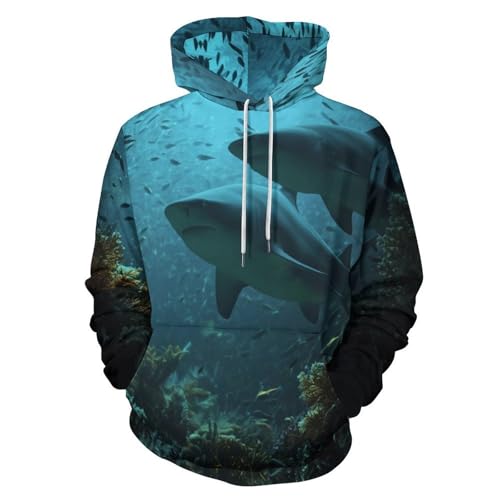 Pull requin 3D sweat à capuche bleu monde sous-marin avec poches homme femme