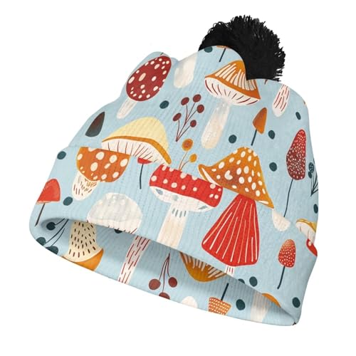 Hechitok Mushroom Blue Beanies for Girls Boys Winter Knitted Beanies Hats with Pompom Warm Knit Skull Cap for School Vacation Office Work, Black Ball