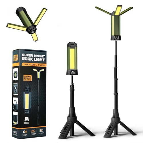 Rechargeable Camping Light with Stand, Outdoor LED Cordless Work Light, Portable Telescopic Bracket, 6AH Battery 500/1000/2000 Lumen, 3500K/4500K/6500K, Construction Lights Green