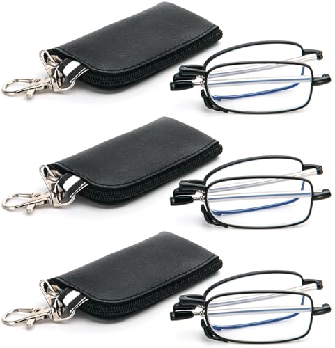 REAVEE 3 Pack Folding Reading Glasses with Keychain Compact Bags Women Men Blue Light Blocking Spring Hinge Portable Pocket Readers,Black 1.5