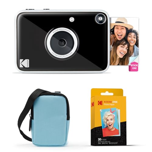 Image of Kodak Printomatic+ Instant Print Digital Camera Starter Bundle + Carrying Case (Blue) + Zink 20pk Sticky-Back Photo Paper - 10MP, Full-Color Photos, GB LED Status Indicator - Black