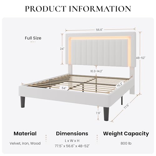 SHA CERLIN Full Size Velvet Bed Frame with LED Light, White - Image 2