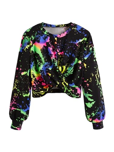 Milumia Girl's Casual Tie Dye Twist Hem Crop Tee Drop Shoulder Long Sleeve T Shirts