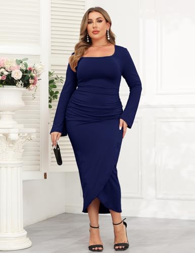 Image of ZOMVA 2024 Plus Size Cocktail Dress Comfortable Bell Sleeves Wedding Guest Square Neck Semi Formal