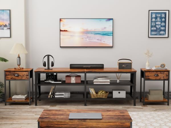 Miniatura 1 de Soporte de TV para TV de 65 a 70 pulgadas, juego de 2, mesa auxiliar industrial con cajón de tela para dormitorio, juegos de muebles de sala de estar