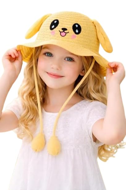Image of FabSeasons Kids Cute Straw Sun Hat with Moving Ears (Ages 4-8 Years) | UV Protection, Wide Brim, Foldable, Beach Bucket Cap | Girls & Boys Breathable Summer Sun Hat with Inner Adjustable String